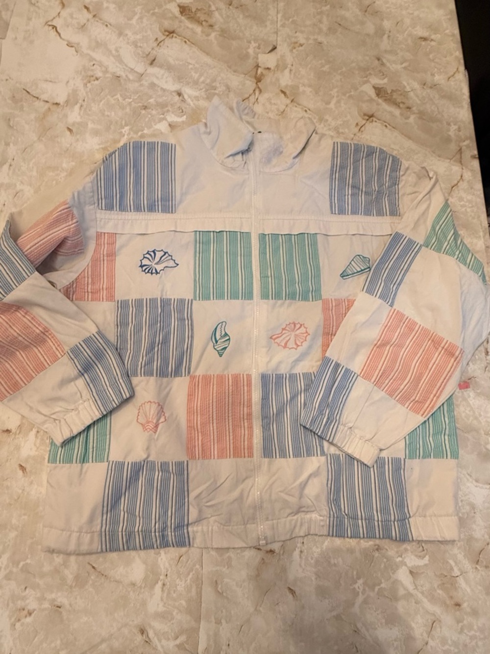 Striped Patchwork Seashell Jacket in Pastel Blue, Pink & Green